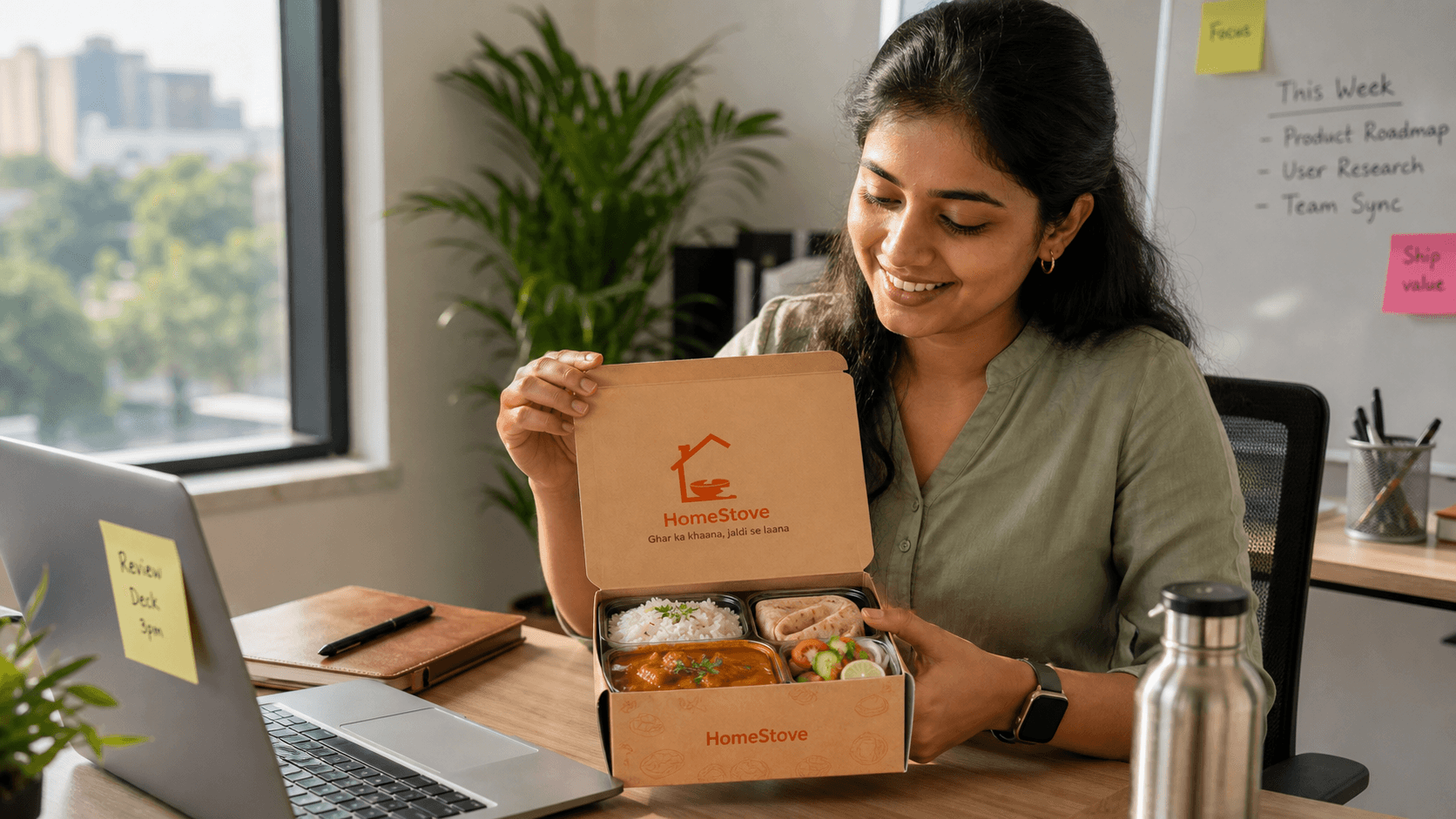 Customer unboxing a HomeStove meal at work