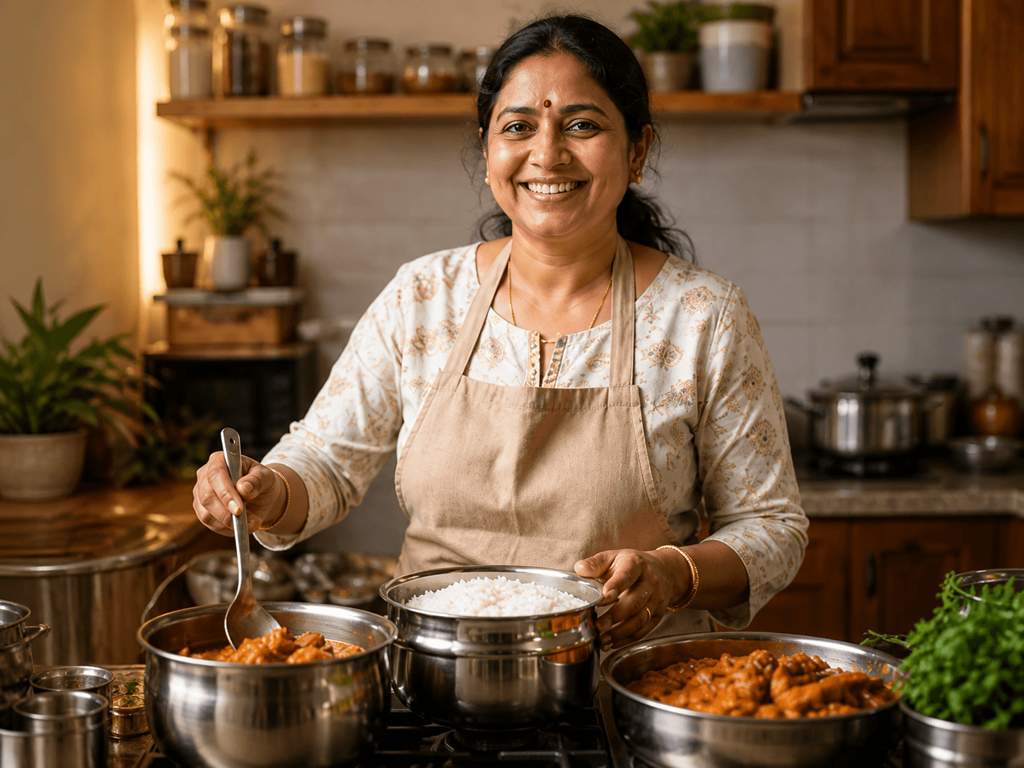 Home chef cooking in a warm Indian kitchen