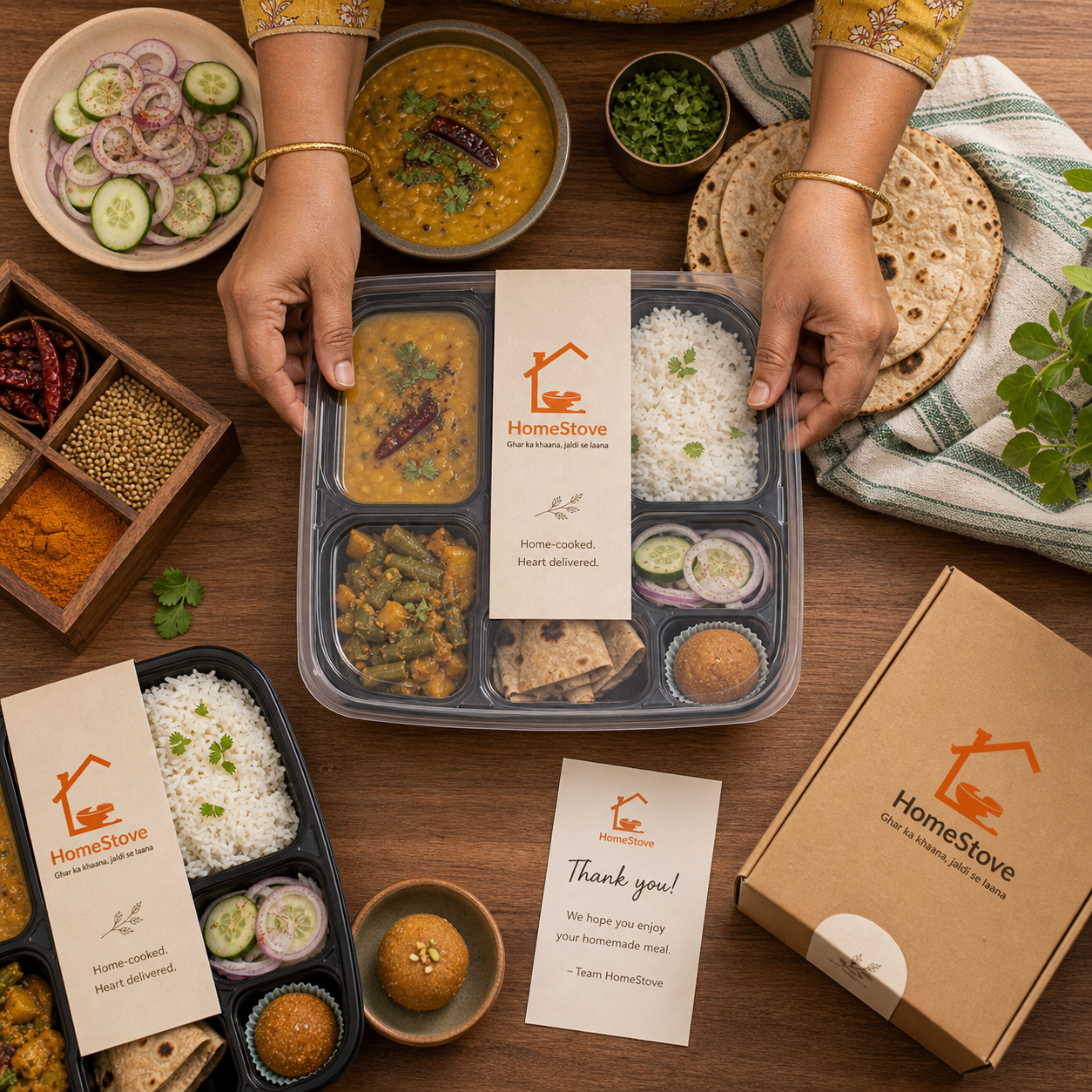 Clean HomeStove meal packaging with homemade Indian food