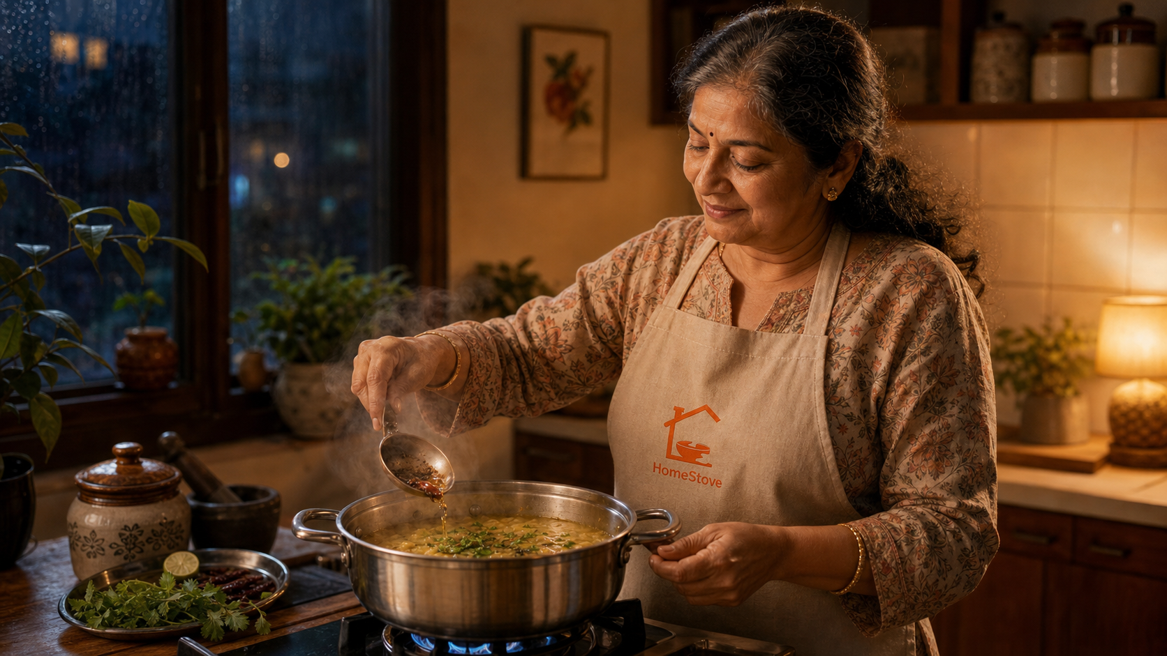 Home chef stirring a warm pot of dal in her kitchen